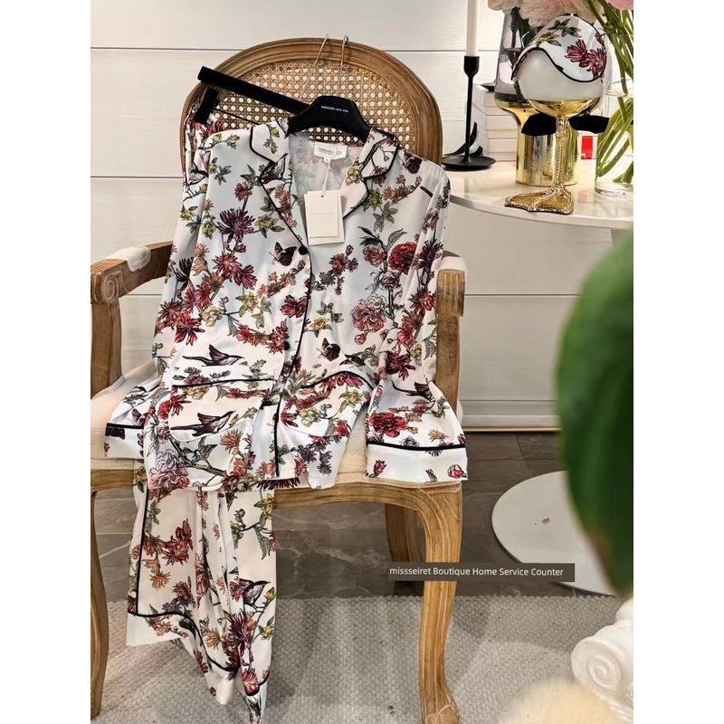 

French Light Luxury ~ D Home Glam Garden Ice Silk Satin Pajamas Women s Three-Piece Suit Long sleeve Trousers Homewear Gram Garden White Bottom Flowers and Birds L