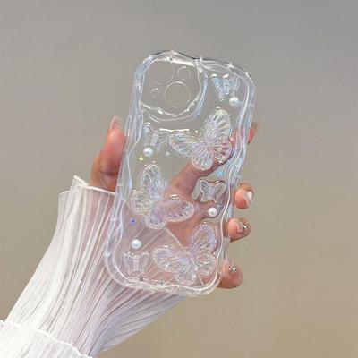 Ins Style Transparent Mobile Phone Case for IPhone15 Promax Pearl Butterfly for Apple 17 Sequin Wave Pattern 13