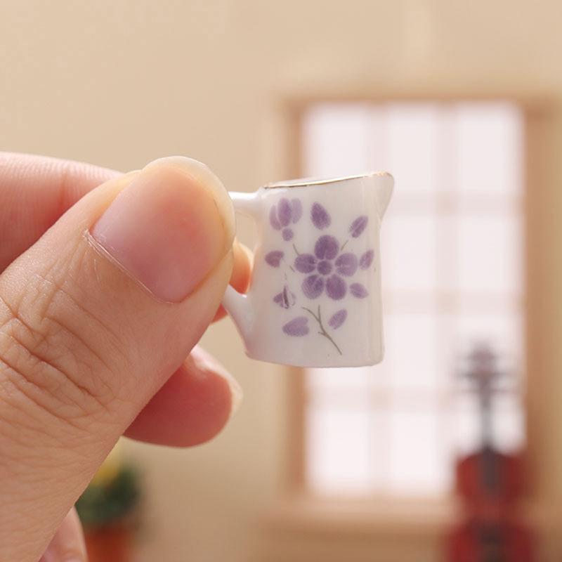 1Conjunto 1:12 Casa de bonecas Conjunto de chá em miniatura Canecas de chá de porcelana Jarras com bandeja Decoração para casa