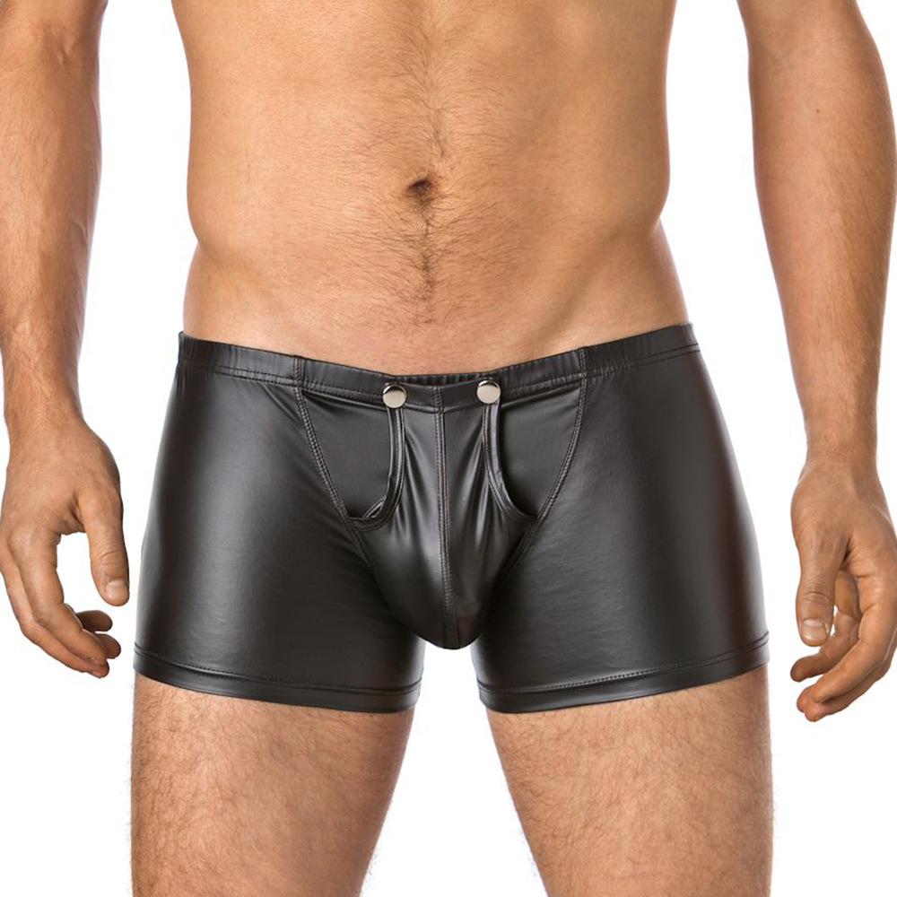 Sexy Patent Leather Men's Boxer Briefs, Imitation Leather, Sexy U-convex Design, Buttons, Easy-to-remove Panties