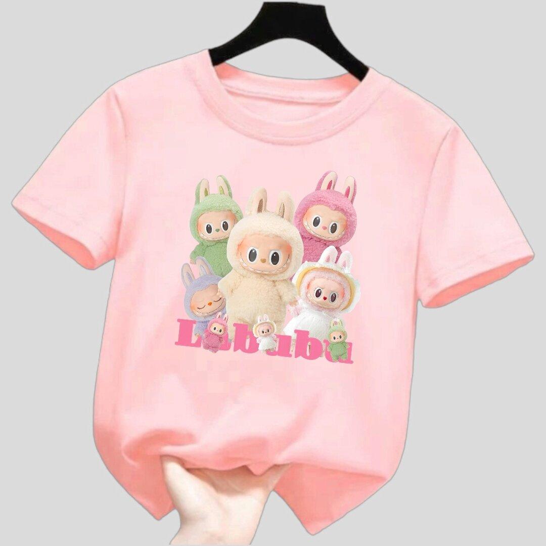 

Новая детская футболка Labubu с множеством узоров LABUBU, круглым вырезом, короткими рукавами, повседневная, универсальный топ для девочек 150