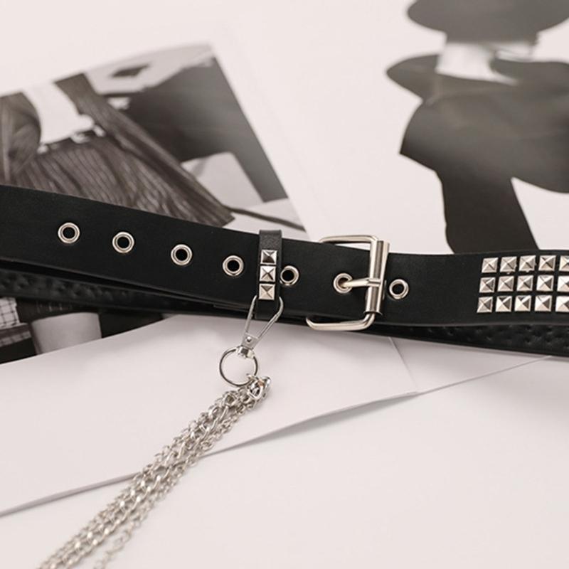 Pin Buckle Waist Belt for Dress Western Style Belt with Alloy Rivet & Dangle Chain Wide Waist Belt Ladies Skirt Belt