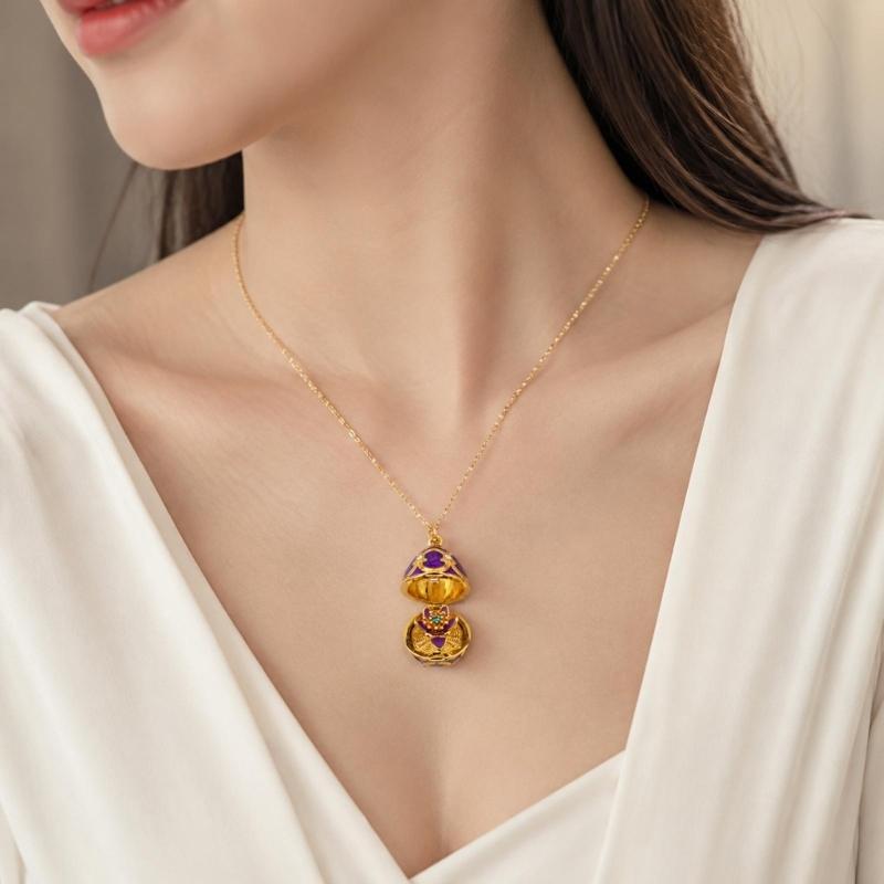 Enamel Egg Pendant Necklace with Hinged Opening, Collarbone Chain, Gold-Tone Chain, and Easter Outfit Styling for Women
