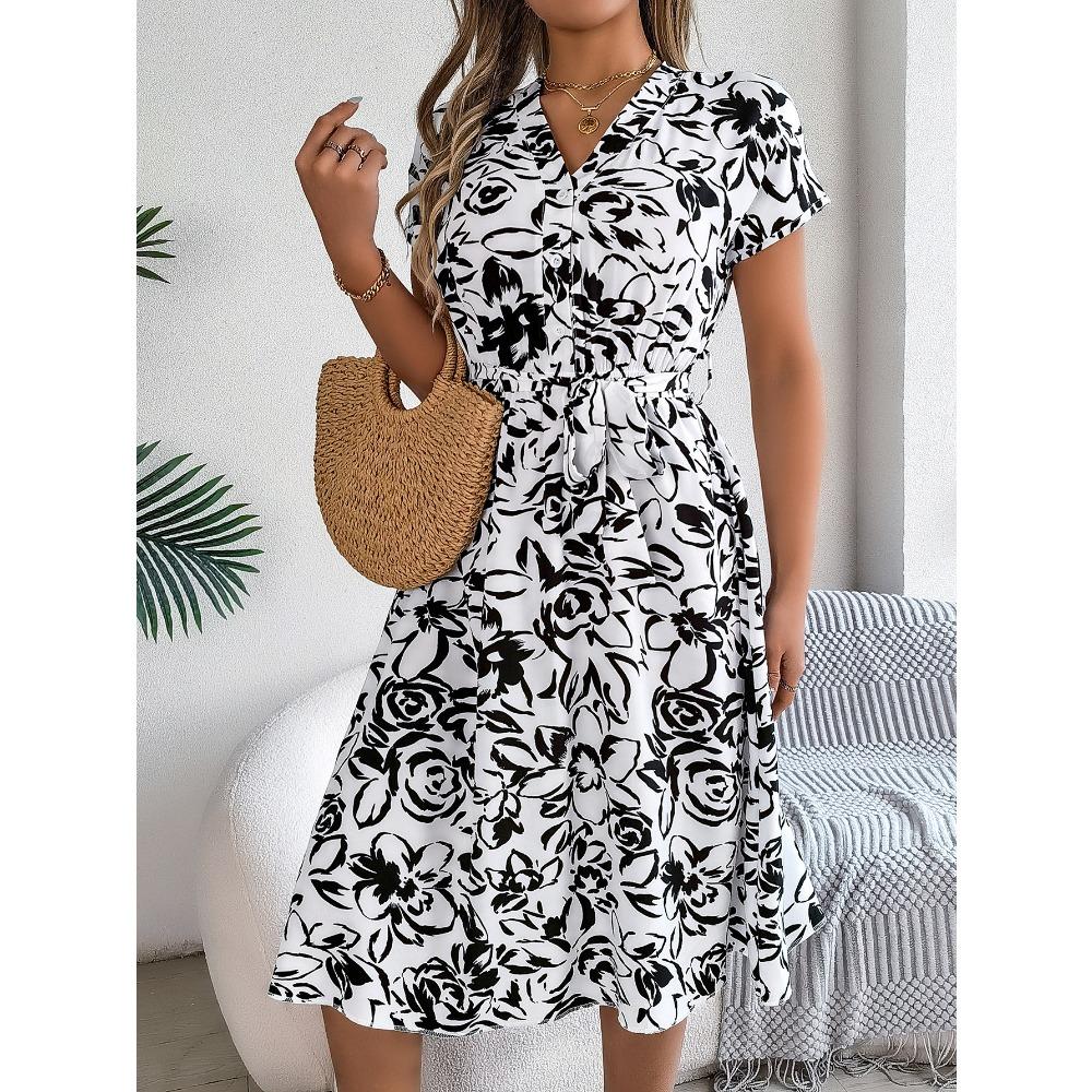 2024 Spring Summer Dress - Women's V-Neck Floral Print Batwing Dress