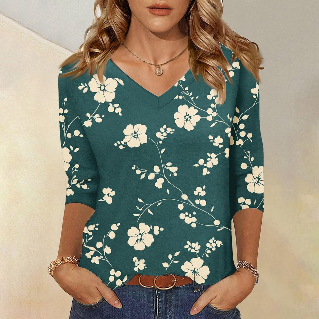 Women's Tops Three-quarter Sleeve Shirt V-neck Loose Casual Shirt Floral Printed T-shirt