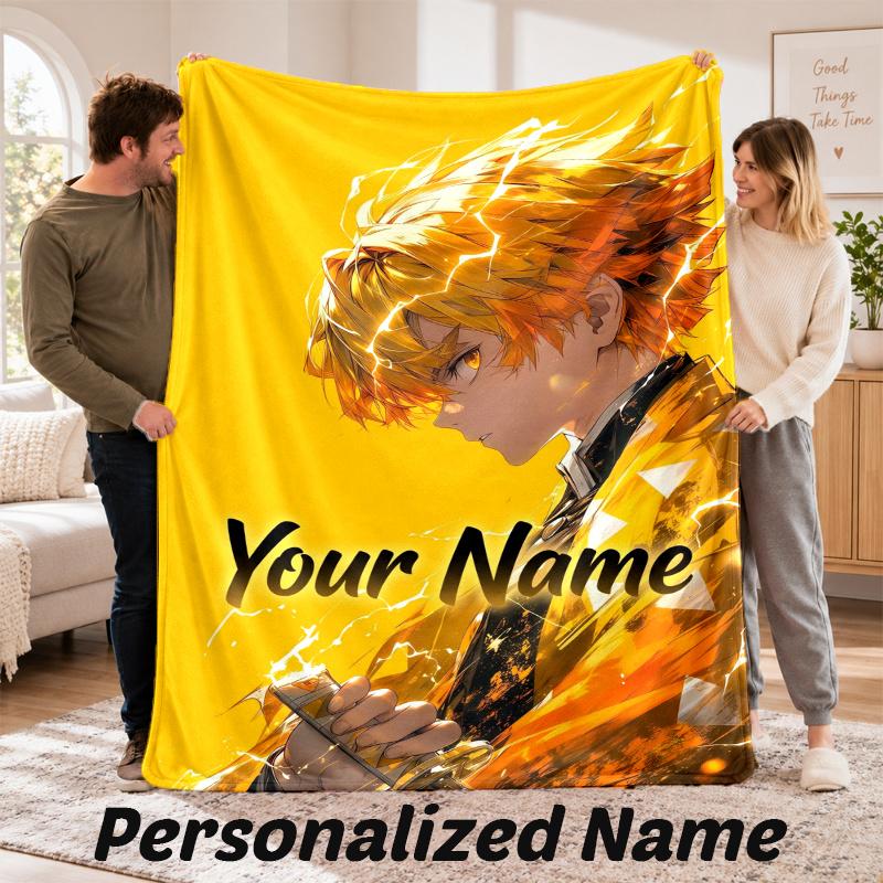 Benutzerdefinierter Name Zenitsu Agatsuma Flanell-Kuscheldecke Personalisierter Text Weiche Decke Bett Sofa Geschenk
