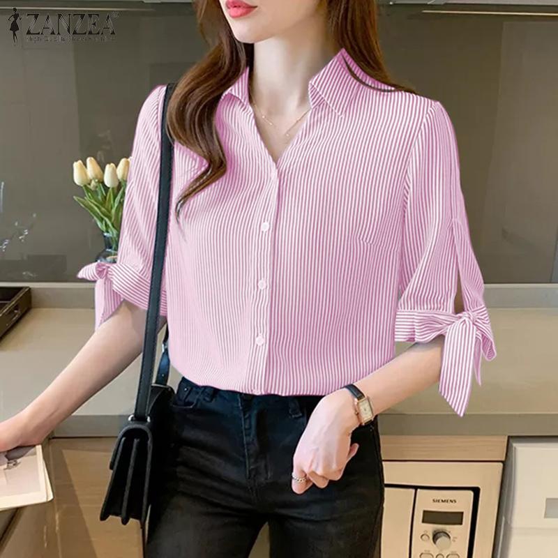 

ZANZEA Повседневная летняя блузка в полоску с отложным воротником и короткими рукавами