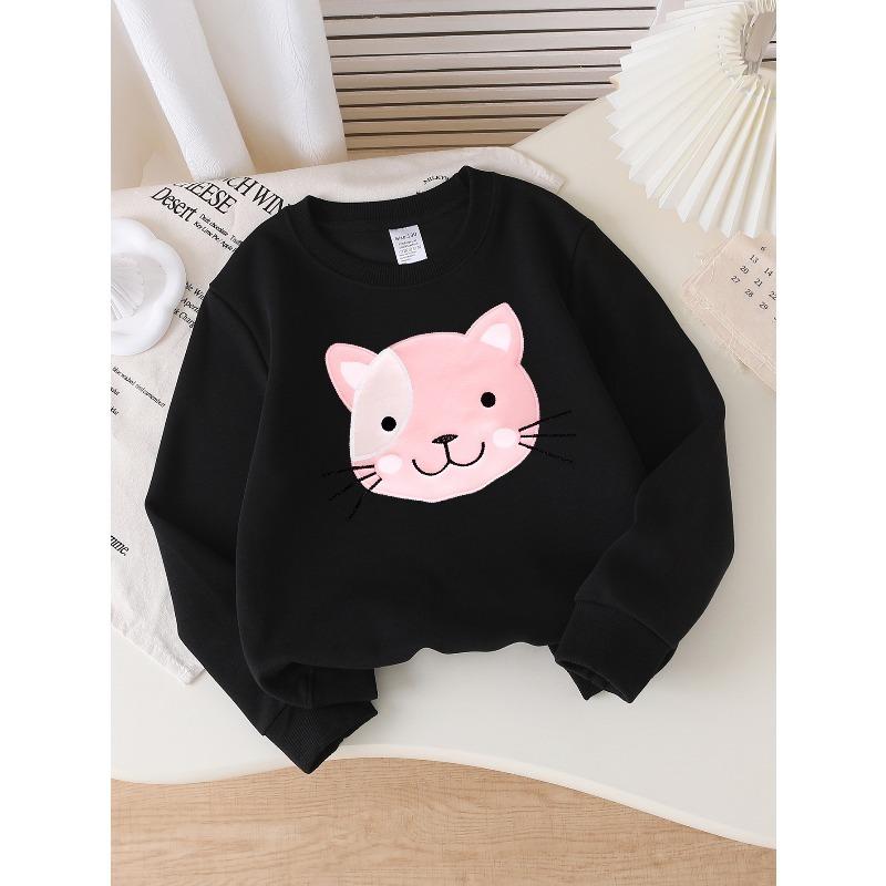 European sizes Pink Cat Face Crewneck Sweatshirt for Kids, Featuring a White Patch. Ideal for Sports And Casual Outings, Soft And Comfy