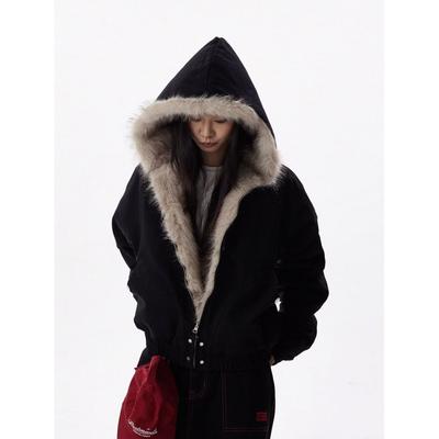 Veste à capuche pour femme style rétro américain avec col en fourrure Y2K Streetwear Hiver Velours Épaissi Chaud Harajuku Ample Décontracté