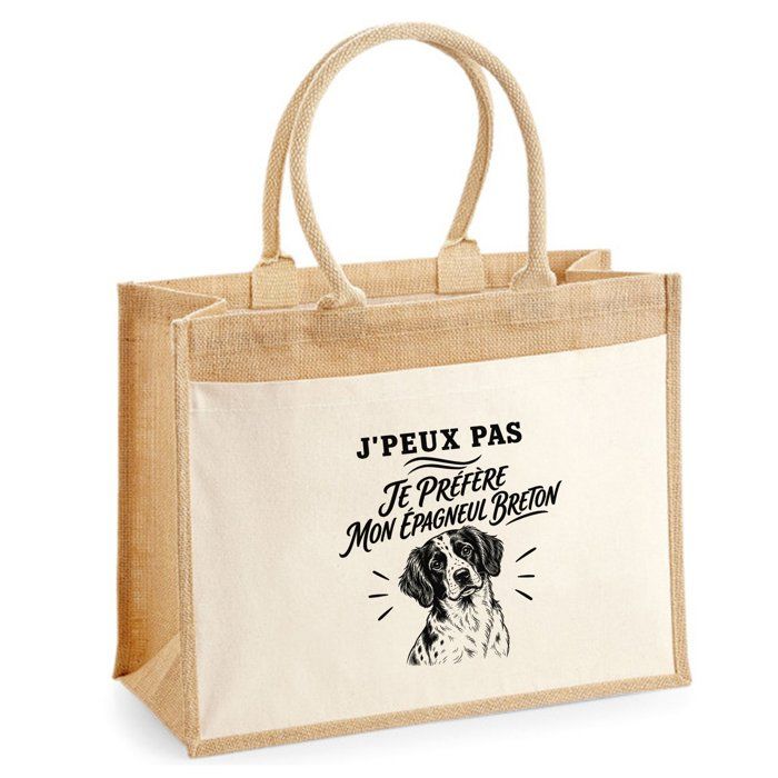 Sac cabas jute - PLANETEE - J'peux pas minimaliste - Épagneul Breton - Toile jute & coton - 21 L (43×33×21 cm)