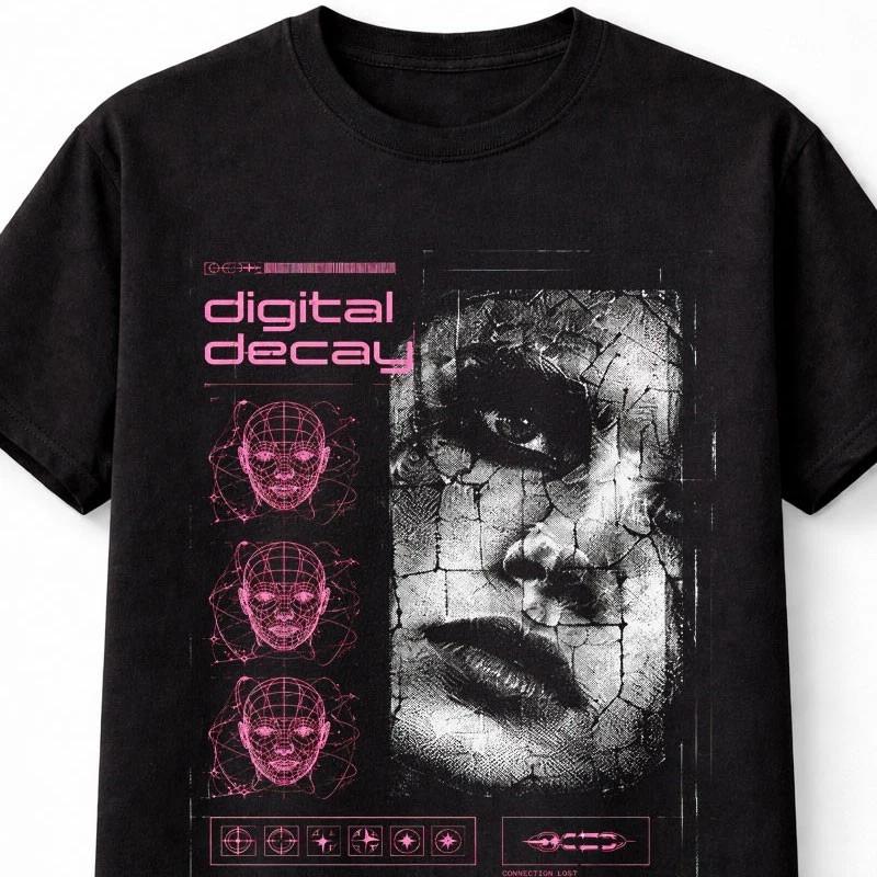 Digital Decay Cyber Goth Y2K Glitch Graphic Black Unisex TShirt S