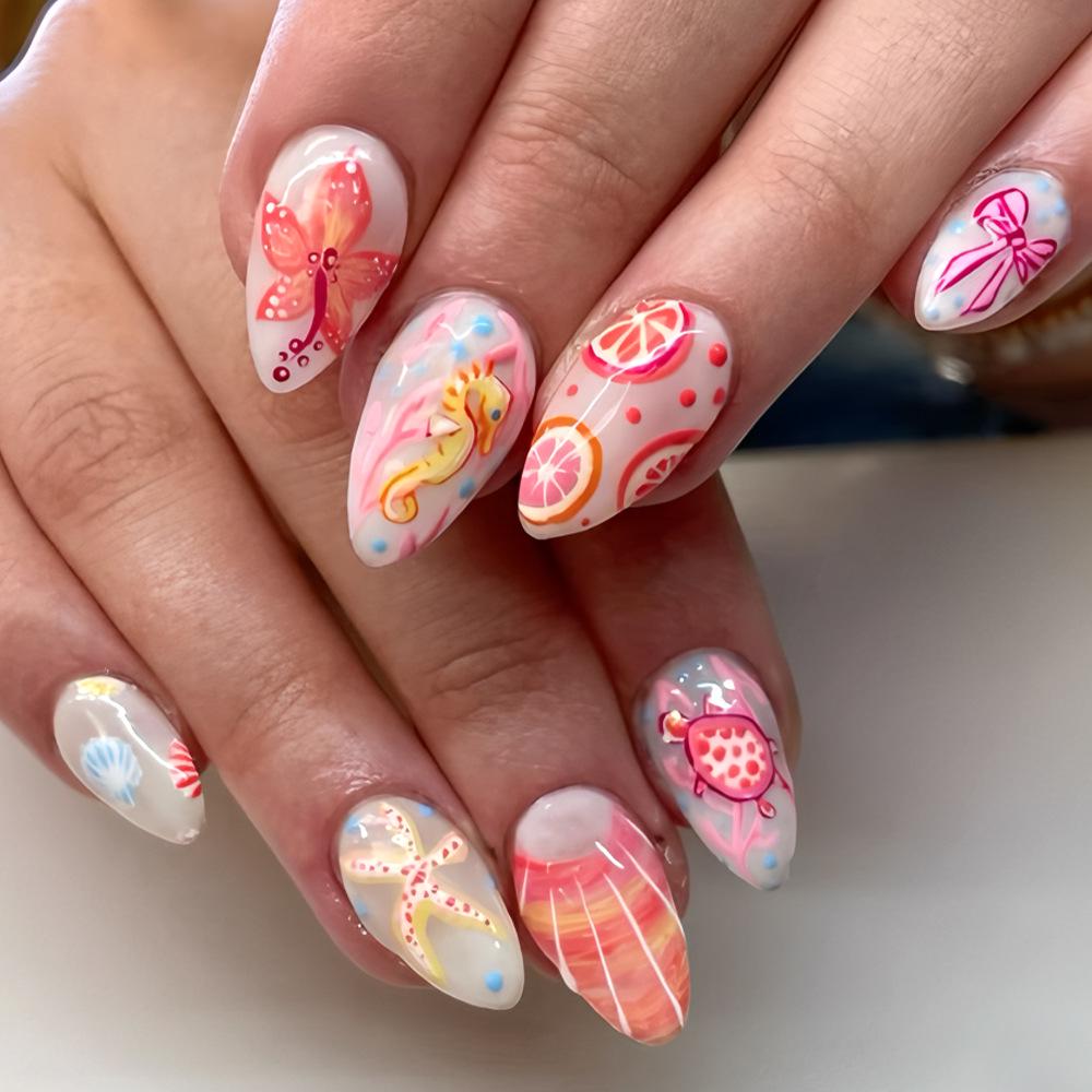 Dopamine Ocean Style Press-on Nails - Grapefruit Star, Seahorse Bow, Bright Almond, 24-Piece Set