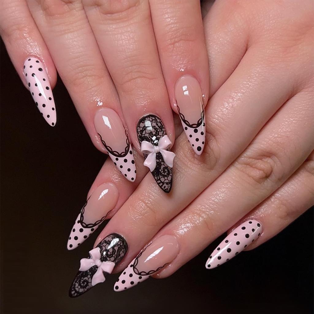 24Pcs Y2K Pink French Press On Nails 3D Metallic Silver Star Butterfly Almond False Nails Sweet Cool Wearable Manicure