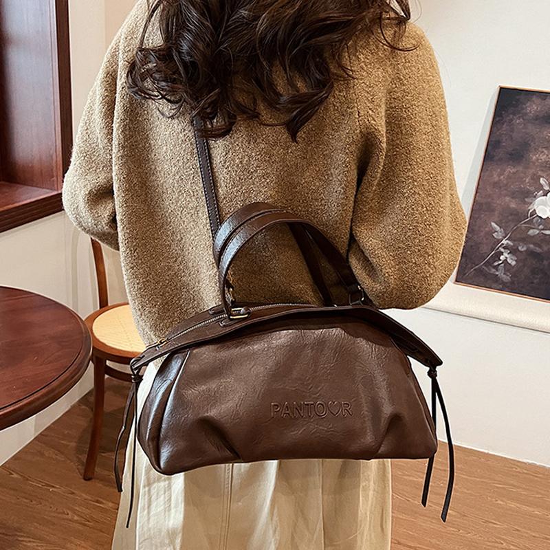 Geantă de mână de damă toamnă iarnă, capacitate mare, geantă bowling, geantă de umăr casual, geantă de mână din piele maro stil vintage CLE