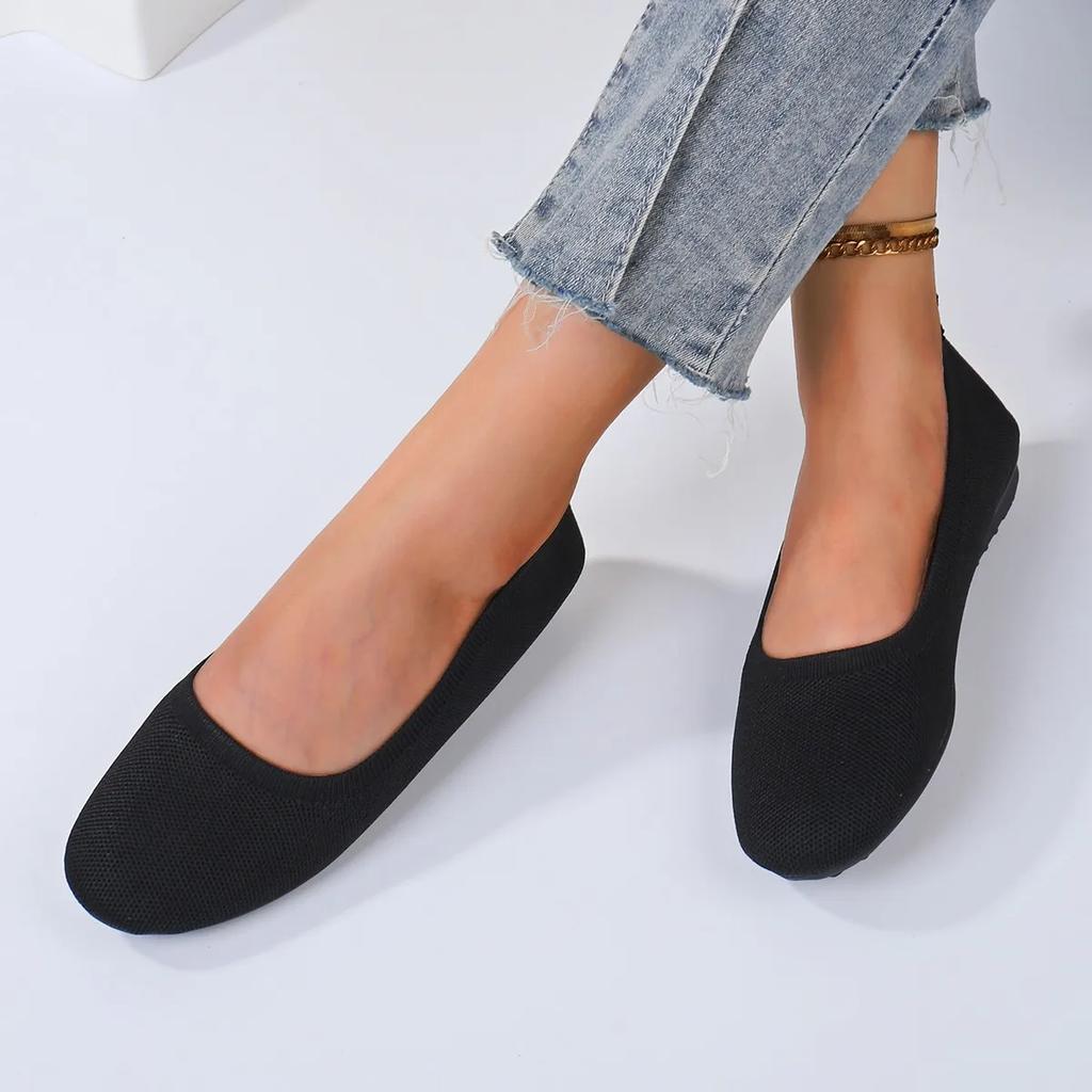 Women Round Toe Flat Shoes Casual Breathable Ballet Sneakers Women Solid Color Knitted Slip on Shoes Mesh Flat Loafers Woman