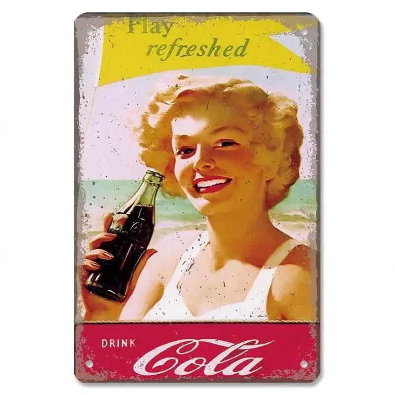 Tin Signs Vintage Cola Soft Drinks Poster Metal Girls Drink Cola Bottles Metal Plate Wall for Bar Pub Club Restaurant Decor