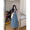 Korean Version Waist Blue Medium and Long Short-sleeved Dress Women's Vacation Retro Temperament Plaid a Character Temperament Long Skirt