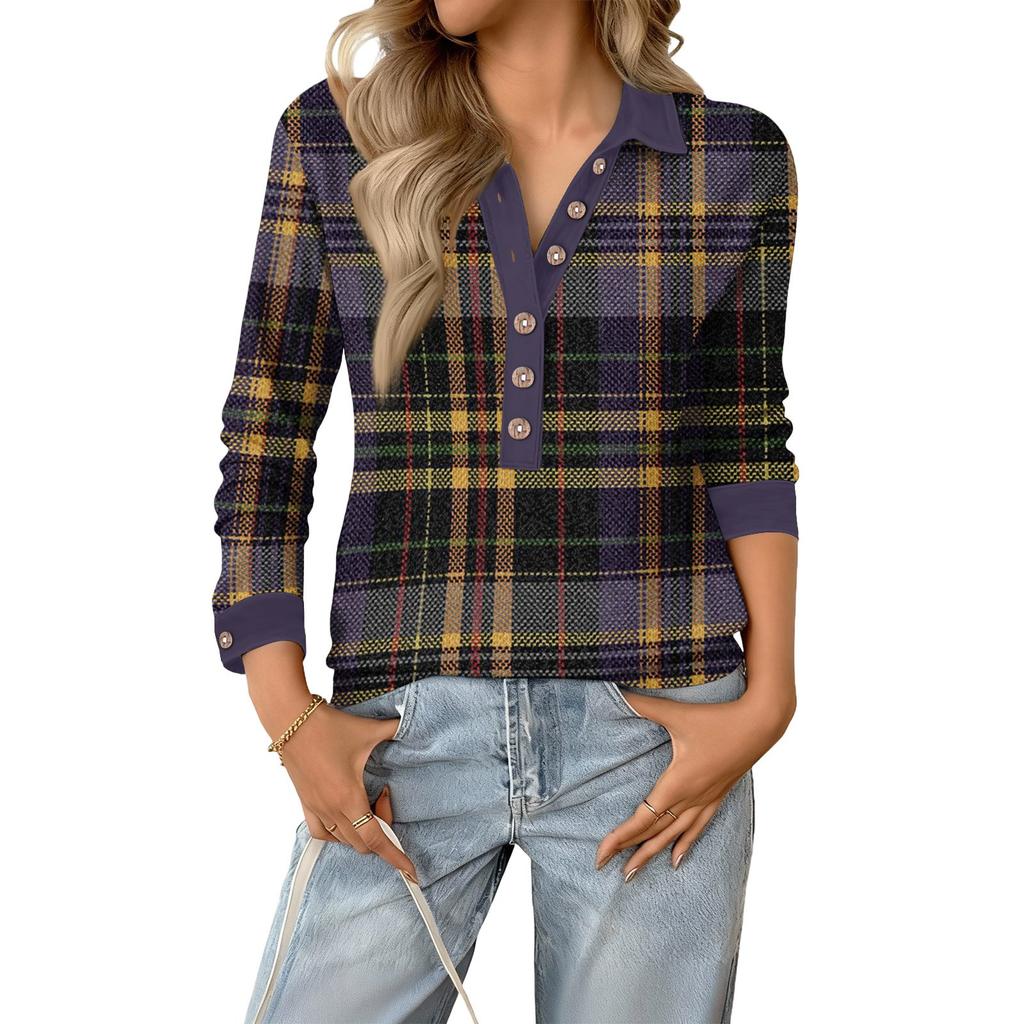 Women's Retro Street Lazy V,neck Long Sleeve Button Plaid Print Pullover Top