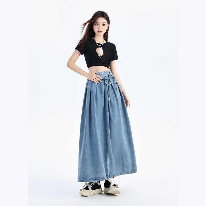 Lace Up Corset Midi Long Skirts Women Spring Summer Korea Style Vintage High Waist Jean Skirt A Line Ruffle Pleated Denim