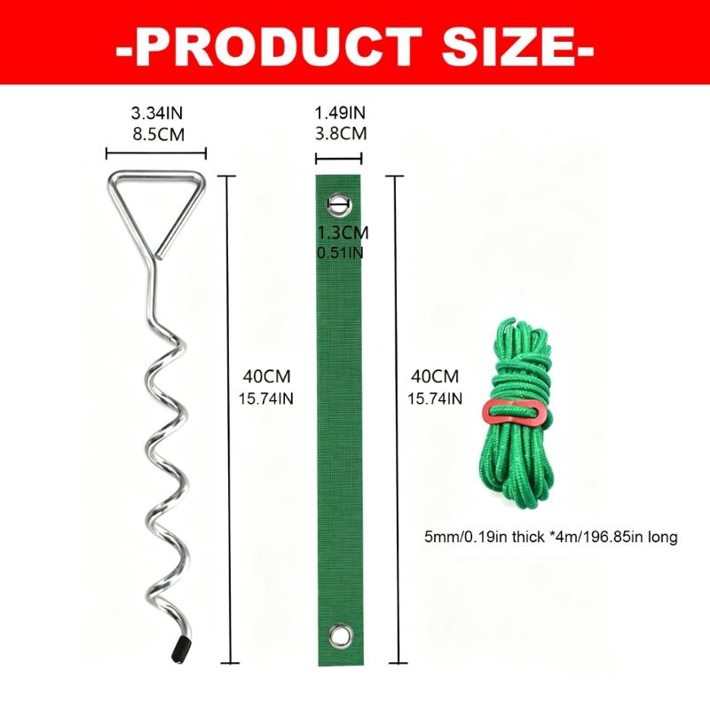 Ground Use Set for Tree Care and Yard Securing, 3 Metal with Soft Ties and Cord Pieces for Tent and Home Use