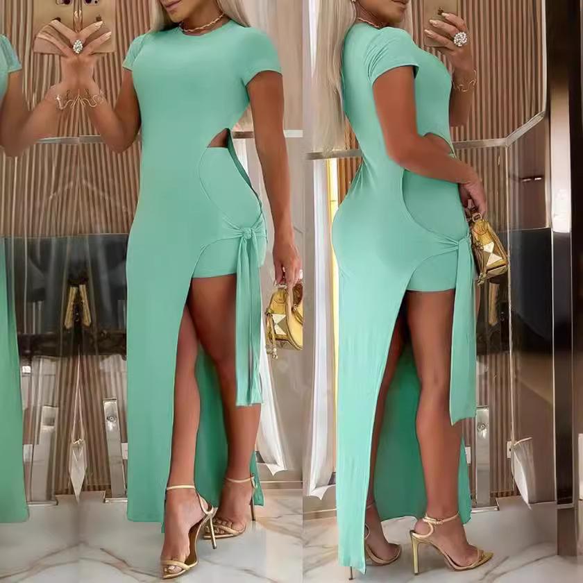 GMXIA Spring and Summer Short Sleeve O-Neck Fashion Casual Split Long Dress Suit Women's Wear