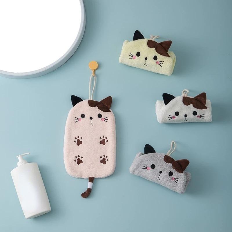 Cat Embroidered Towelette Towel Super Absorbent Hanging Type Home Decor Dual Purpose Coral Velvet Hand Towel Bathroom Supplies