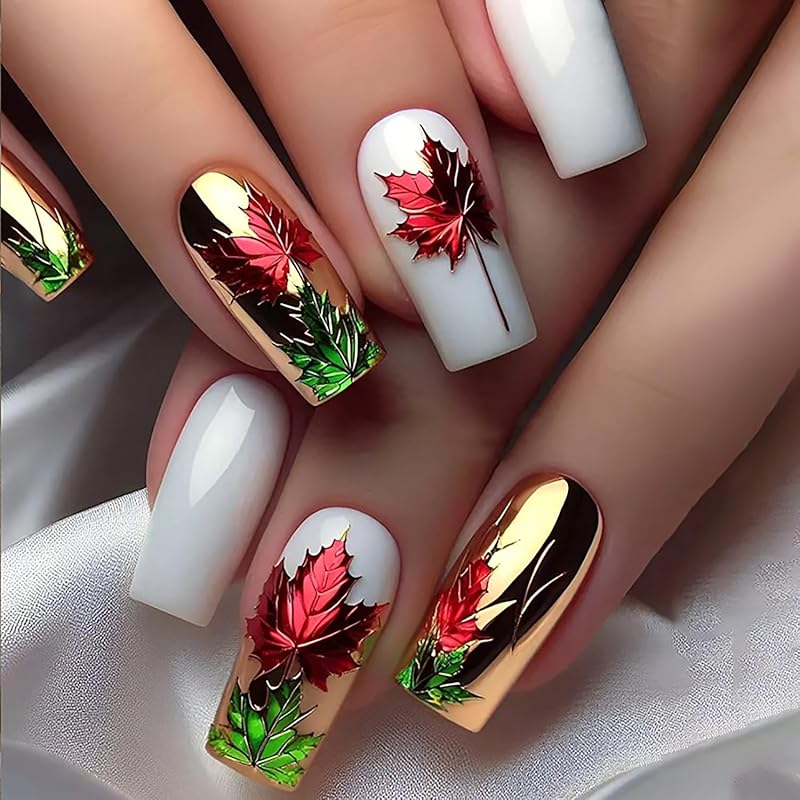 Fall Press on Nails Long Ballerina Coffin Nails Thanksgiving Maple Leaf Acrylic Glue on Nail Glossy Autumn Gold Maple Leaves Fake Nail for Women DIY