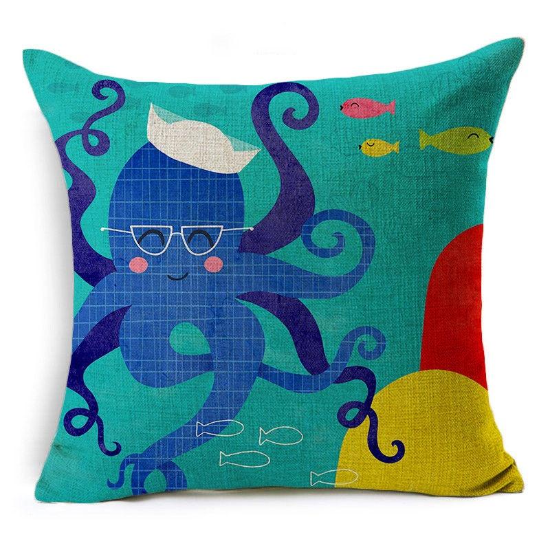 Exquisite 18" Blue Sea Animal Cotton Linen Cushion Cover For Stylish Living Spaces