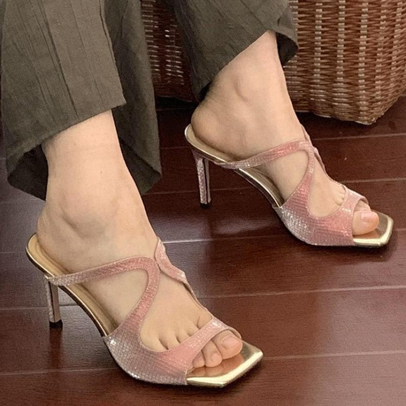 4 High Heels sind nicht fußmüde, schöne Sandalen, Frühlings-Senior-Feeling sexy pinke dünne Absätze eckige Spitze High Heels Damen