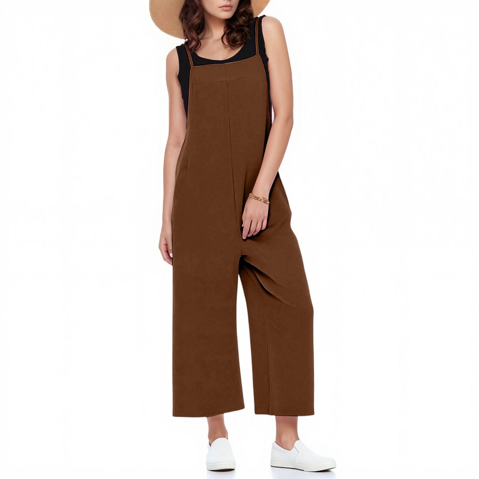 

Повседневные комбинезоны с широкими штанинами для женщин, однотонные комбинезоны, ромперы, наряды с карманами S кофейный