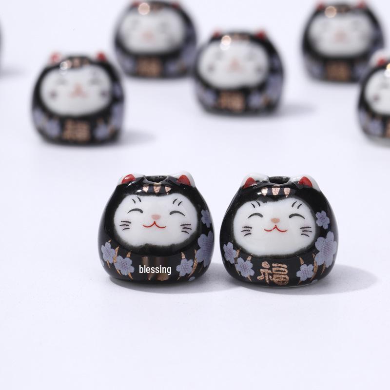 Ceramic Lucky Cat DIY Bracelet Pendant - Vertical Hole Beaded Charm Daruma Cat Accessories