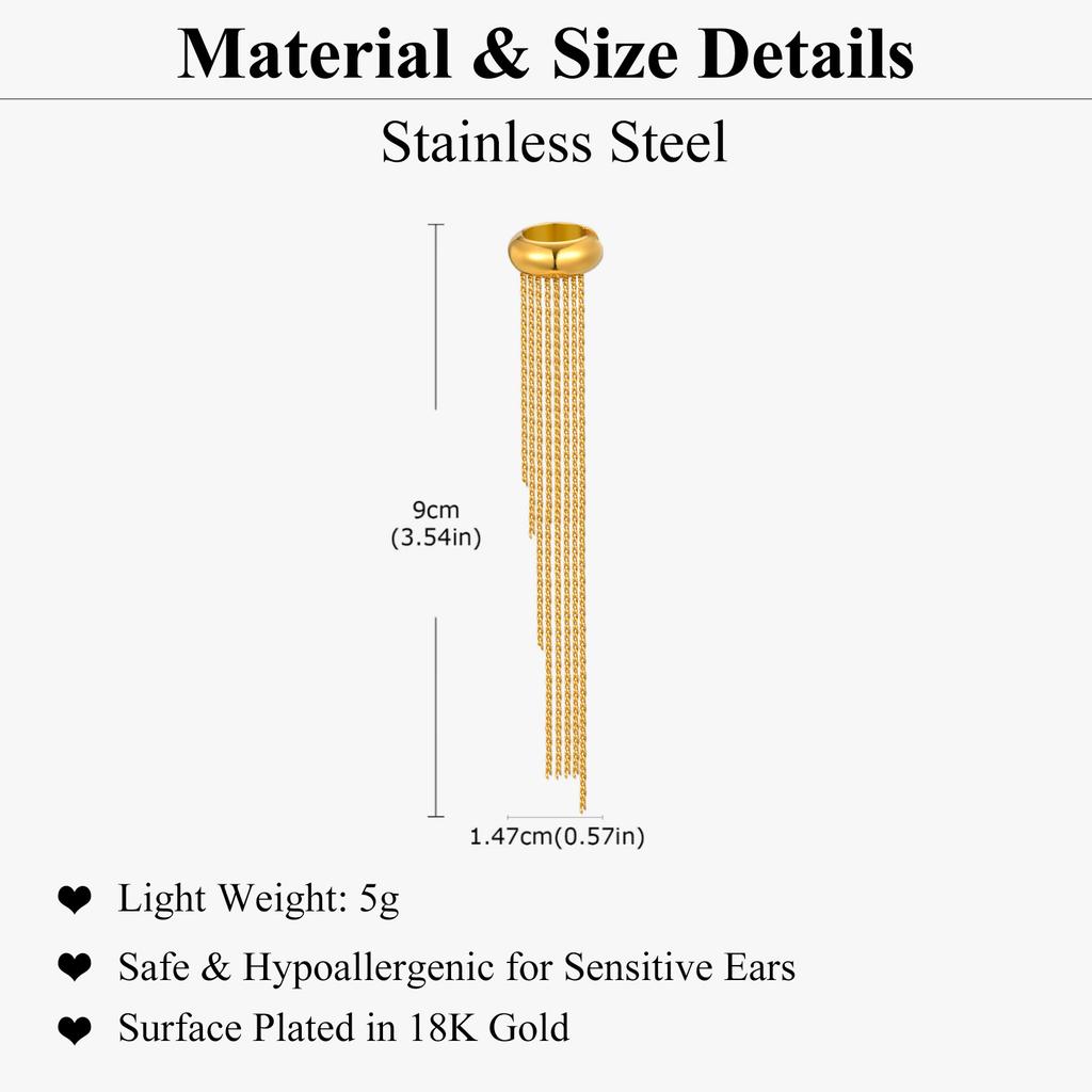 Tassel Ear Cuff Non Piercing Gold Color Long Chain Earrings for Women, Stainless Steel Clip On Ear Wrap Nickel-free