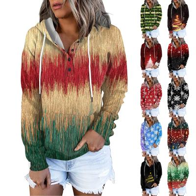 Women's Casual Fashion  Print Long Sleeve Button Pullover Hoodies Sweatshirts