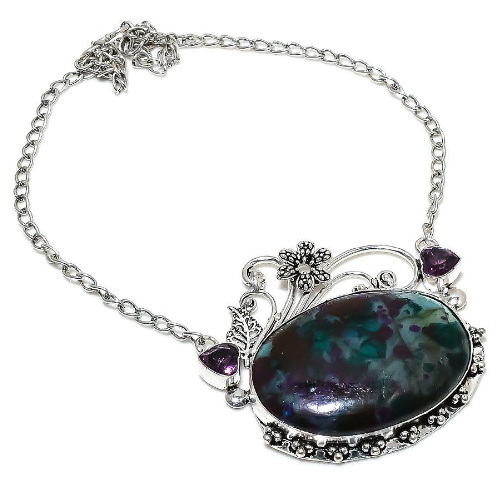 Natural Multi Labradorite,Amethyst Stone 925 Sterling Silver Necklace 18" C9g07