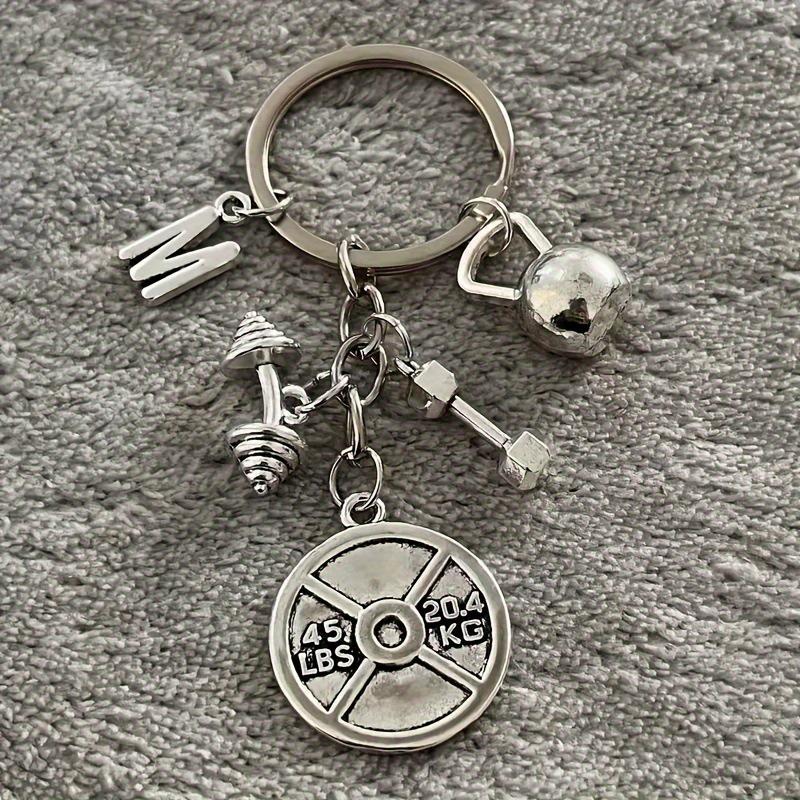 Mini Sports Equipment Keychain: Barbell, Dumbbell, Kettlebell, Gym Letter.