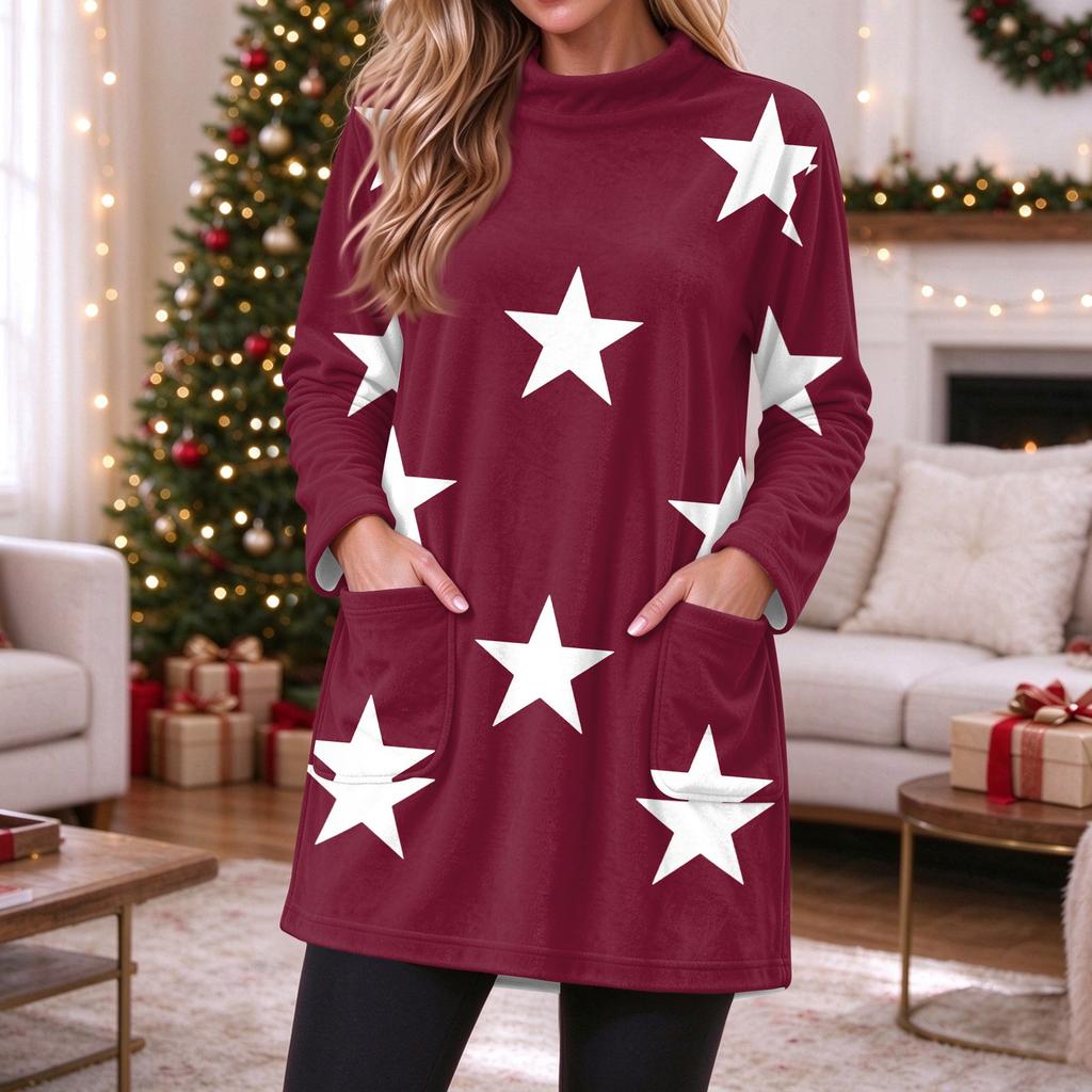 Women's Flannel Star and Heart Print Pullover Long Sleeve Crewneck Top with Pocket