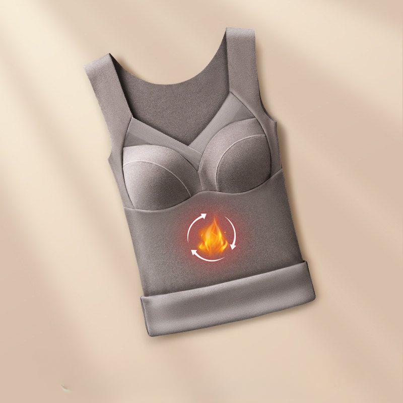 Winter Women's Velvet Thermal Vest Sleeveless Thermal Underwear with Bra Pads Sleeveless Bottoming Shirt Fleece Undershirt with Bra Pads