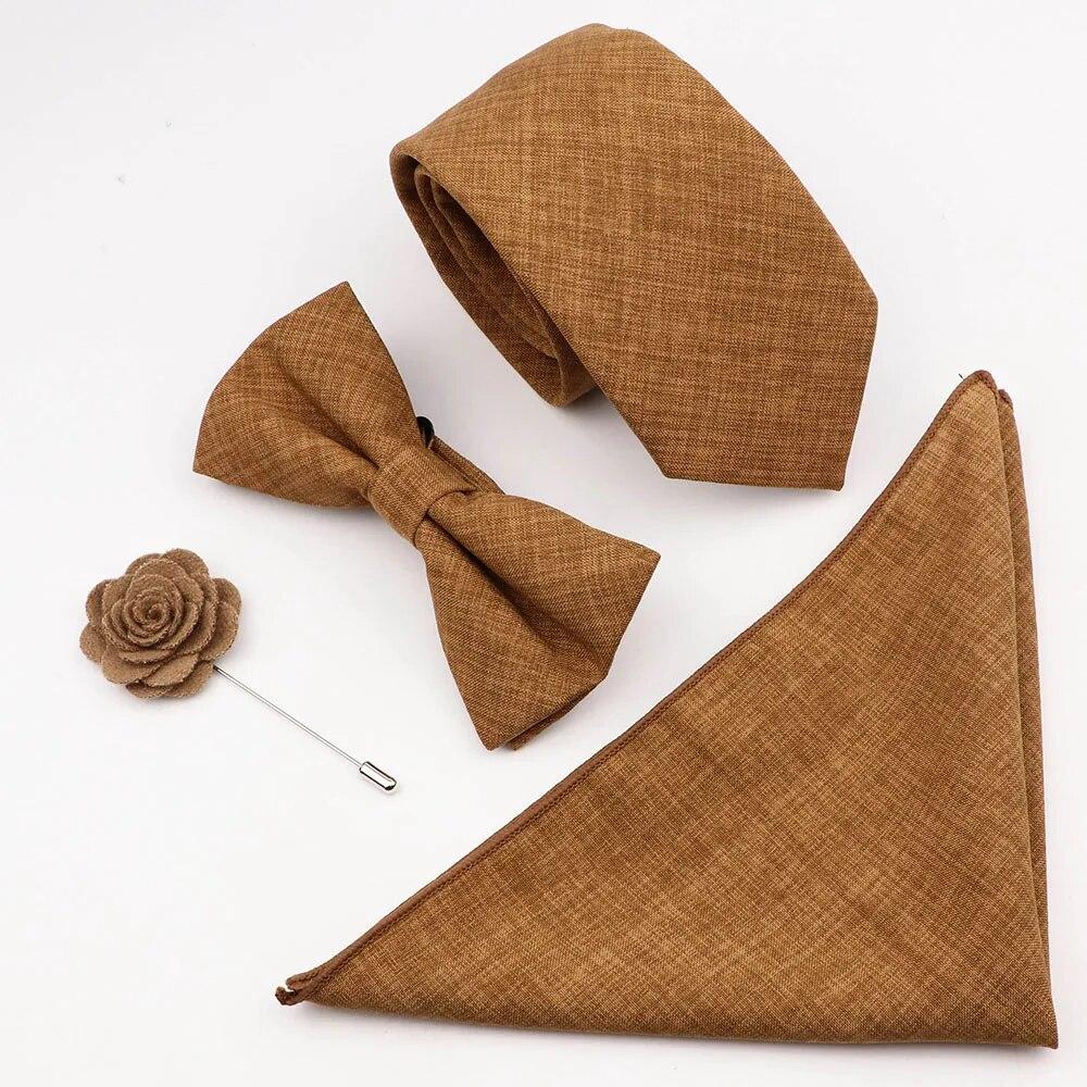 Sada 4ks kravat, Pánské, Šalvějová zelená, Motýlek na kravatu z bavlny, Brož na manžetové knoflíčky, K obleku pro ženicha, Svatba,