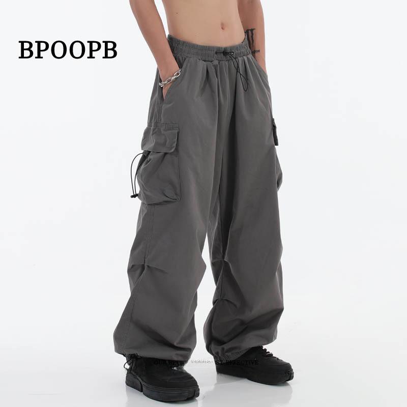 Unisex American Retro Drawstring Overalls: Mid-Waist Waterproof Casual Wide-Leg Pants