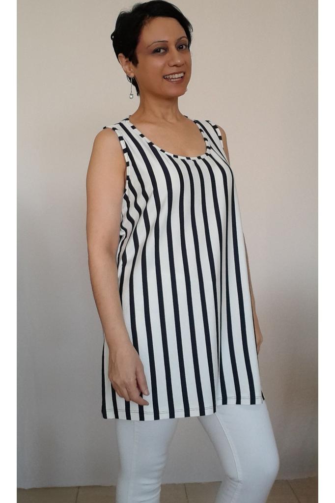 Women's Style Big Size T-Shirt White Navy Blue Striped Thick Strap Combed Cotton Viscose T-Shirt