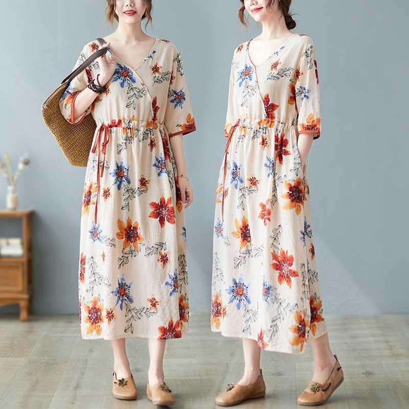 Nowe luźne plus size drukowane sznurki do wiązania w pasie etniczny styl dekolt w serek rękaw pięciominutowy literackie długie sukienki