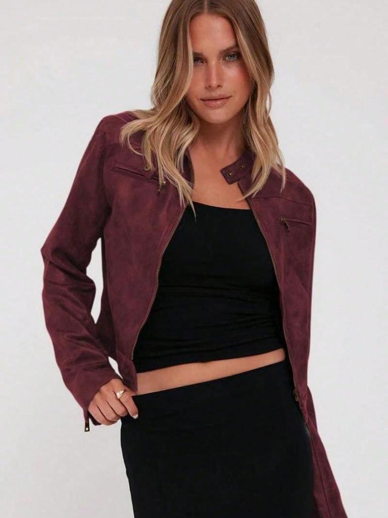 Giacca Moto Corta Vintage da Donna in Ecopelle con Zip e Collo Alto Cappotto Biker Corto Casual