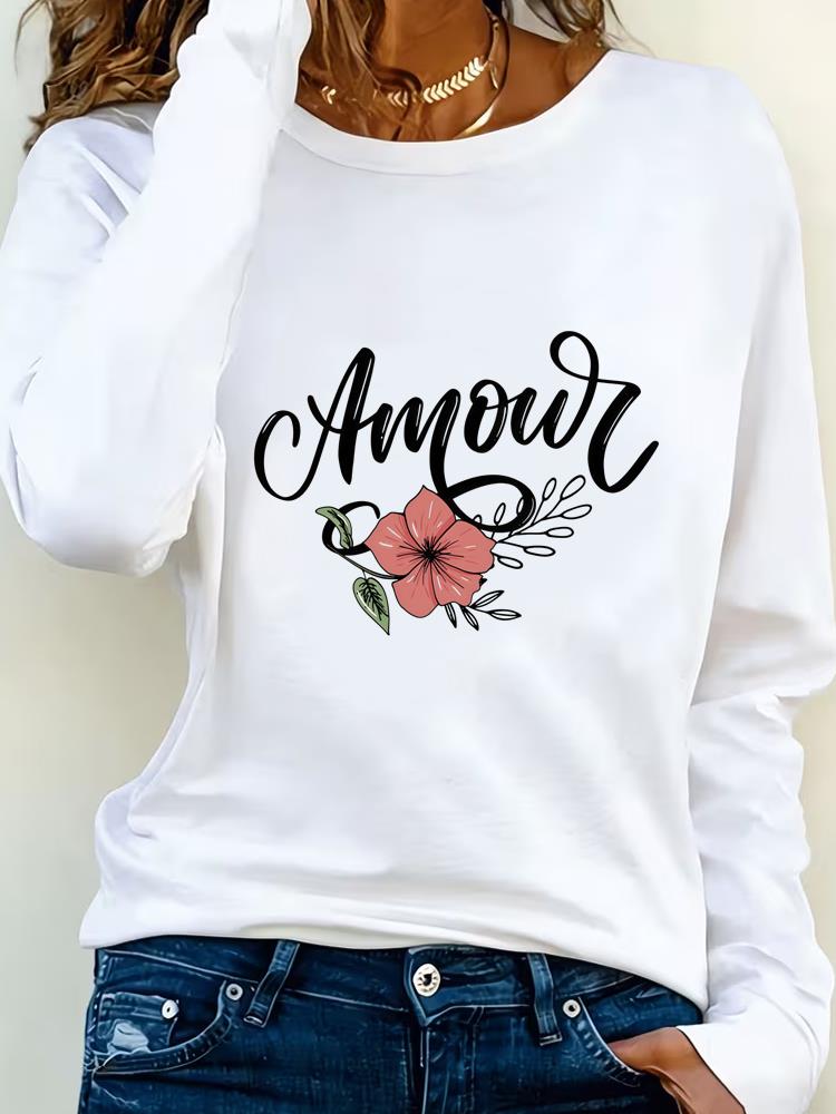 (Asian Size) Lovely Butterfly Style Print T Shirt Tee Women Clothing Autumn Winter Spring Casual Fashion Top O-neck Graphic Long Sleeve T-shirts