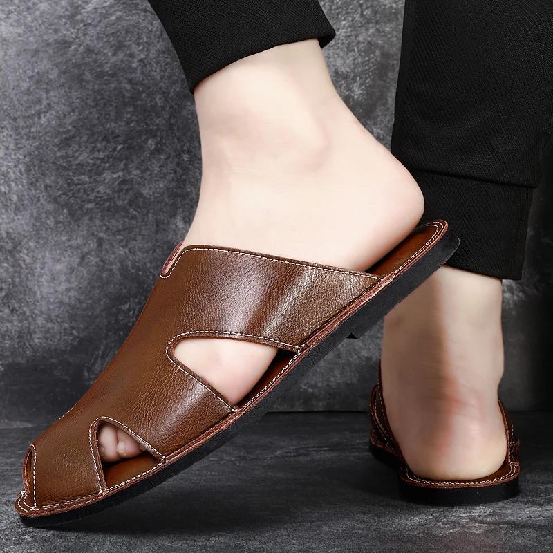 Fashion Hot Sale Flip-flops Quick Dry Beach Flats Men's Casual Leather Slippers New Design Male Half Drag Versatile Ultra-light Sandals