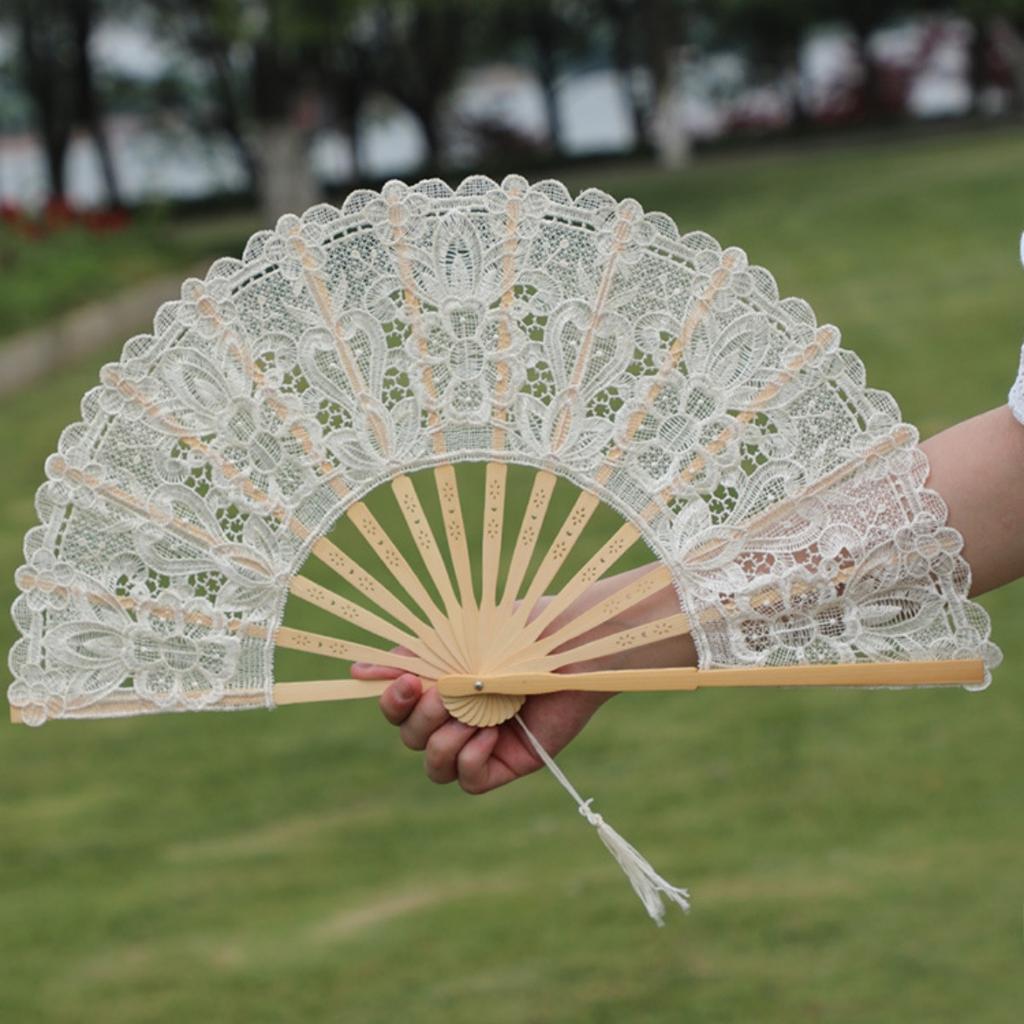 Lace Bamboo Hand Fan Romantic Embroidered Bamboo Fan Floral Lace Hand Fan Elegant For Weddings Summer Outings Cosplay