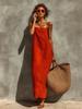 Women Spaghetti Strap Maxi Dress Square Neck Sleeveless Loose Fit Solid Color Summer Beach Vacation Sundress