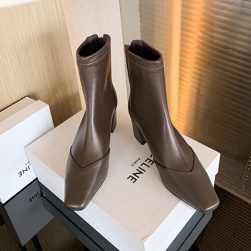2025 autumn and winter new elastic leather invisible height increase women's shoes women's boots short boots zipper fashion boots thick heel fashion