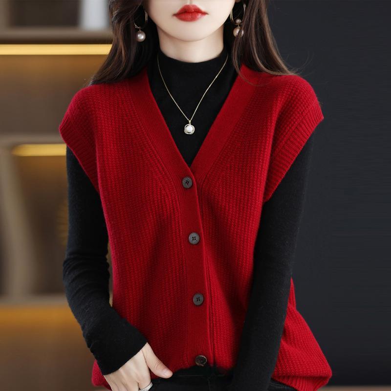 Vestă de pulover cu decolteu în V cu nasturi în față, vestă ocazională tricotată fără mâneci pentru primăvară și toamnă, îmbrăcăminte pentru femei