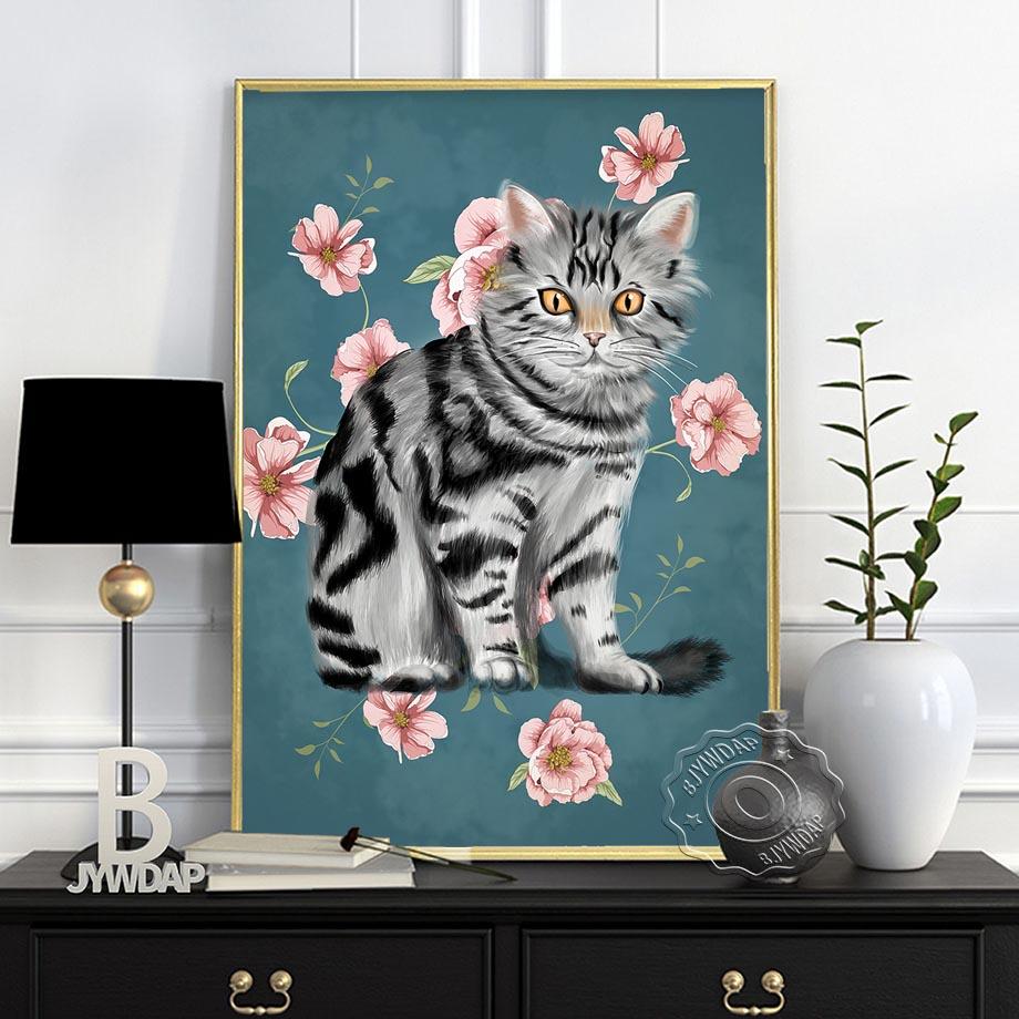 Cat Floral Leaf Wine Prints Poster, Animals Plant Art Canvas Painting, Vintage Cute Funy Home Restaurant Bedroom Kids Room Decor Gift No Frame