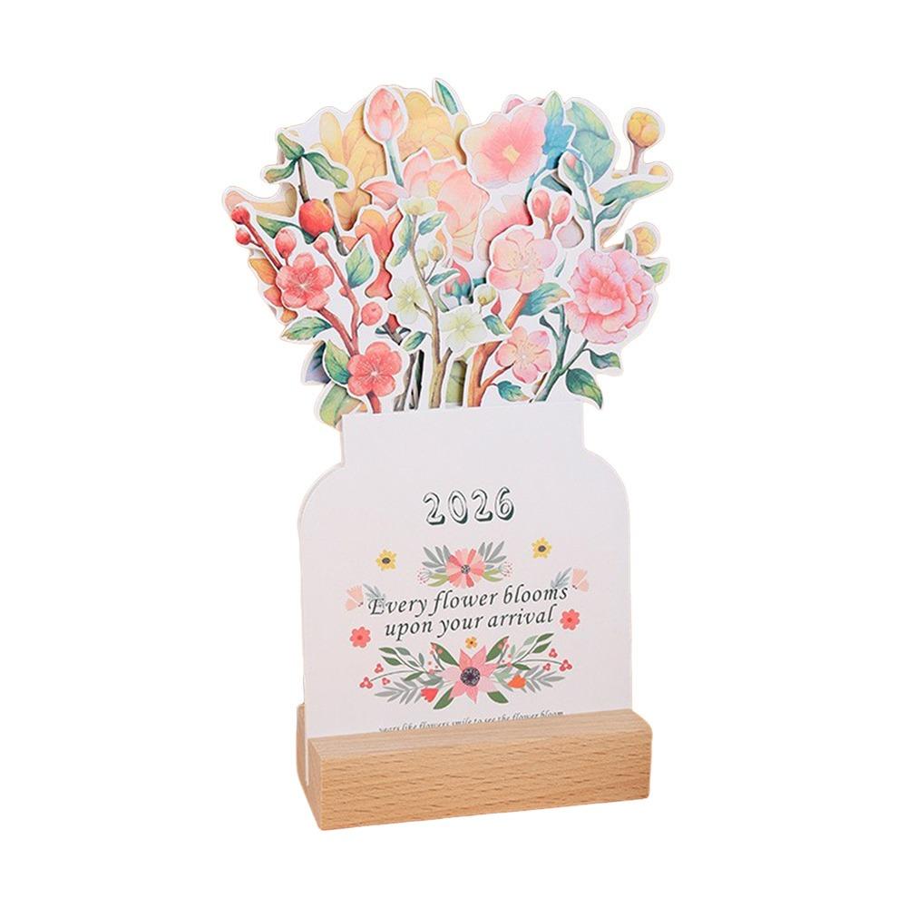 Wooden Base 2026 Desktop Calendar Detachable Base Vase Shaped Bloomy Flowers Desk Calendar DIY Floral Theme Standing Calendar